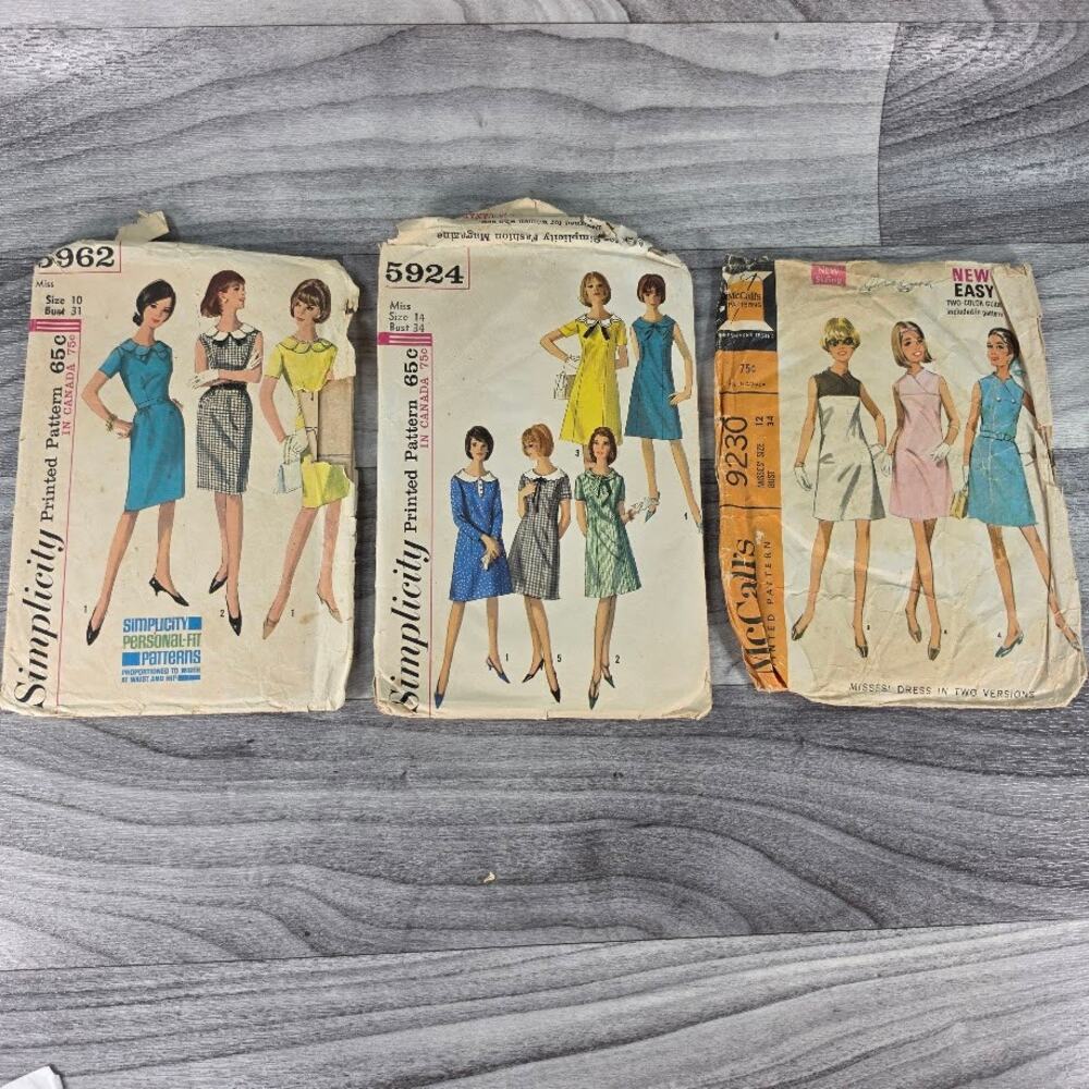 Lot x3 Vintage 1960s Sewing Patterns McCalls 9230 Simplicity 5924 5962 Mod Dress